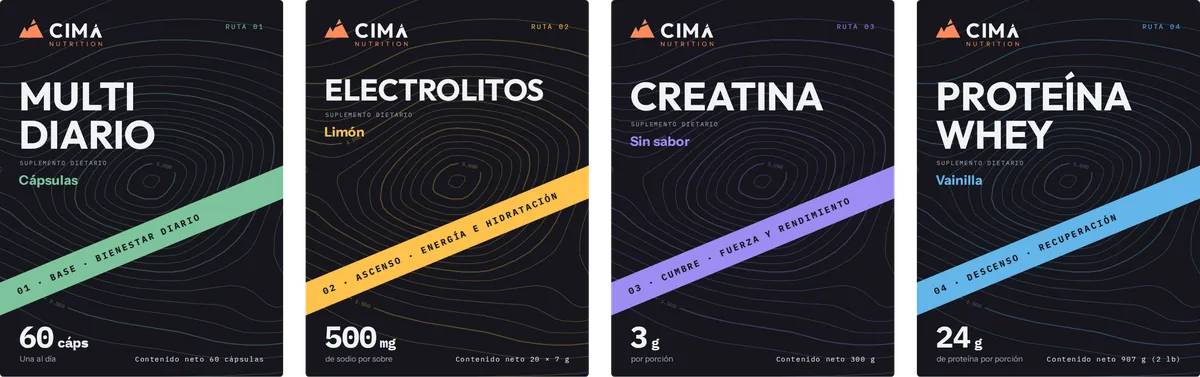 Empaques de CIMA Nutrition: Multi diario, Electrolitos, Creatina y Proteína whey